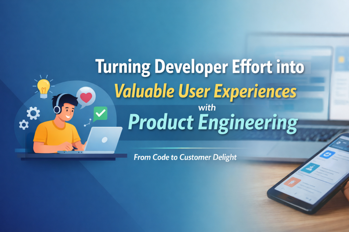 Infographic illustrating how developer effort transforms into valuable user experiences through product engineering, showing a developer working on a laptop, icons of ideas and checkmarks, and mobile screens representing improved user satisfaction.